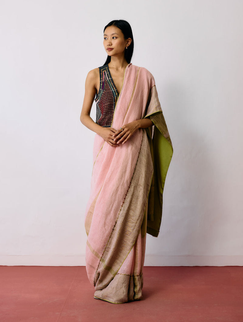 Afra Metallic Handloom Linen Saree-Metallic Pink linen saree by Manan in pink for women in Singapore