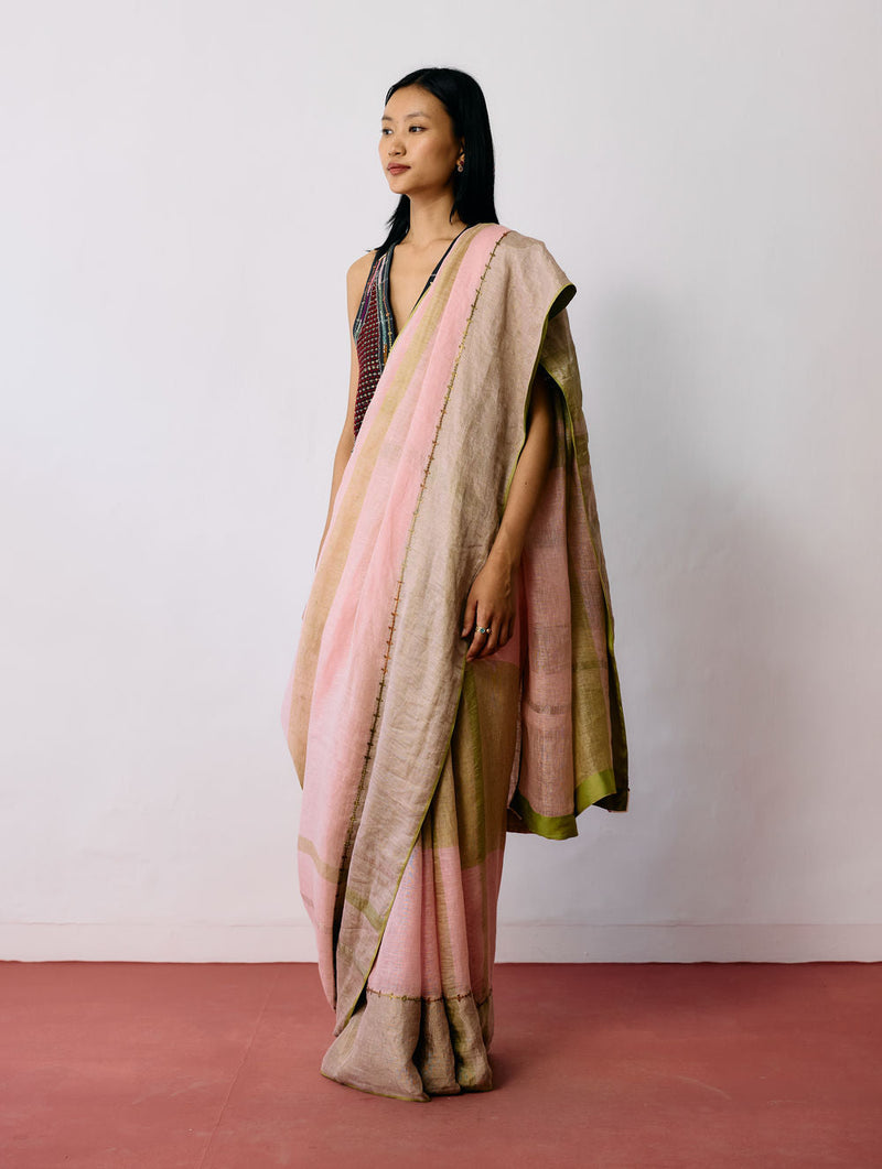 Afra Metallic Handloom Linen Saree-Metallic Pink linen saree by Manan in pink for women in Singapore