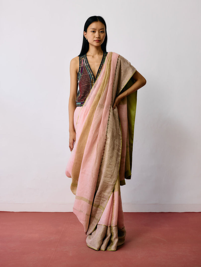 Afra Metallic Handloom Linen Saree-Metallic Pink linen saree by Manan in pink for women in Singapore