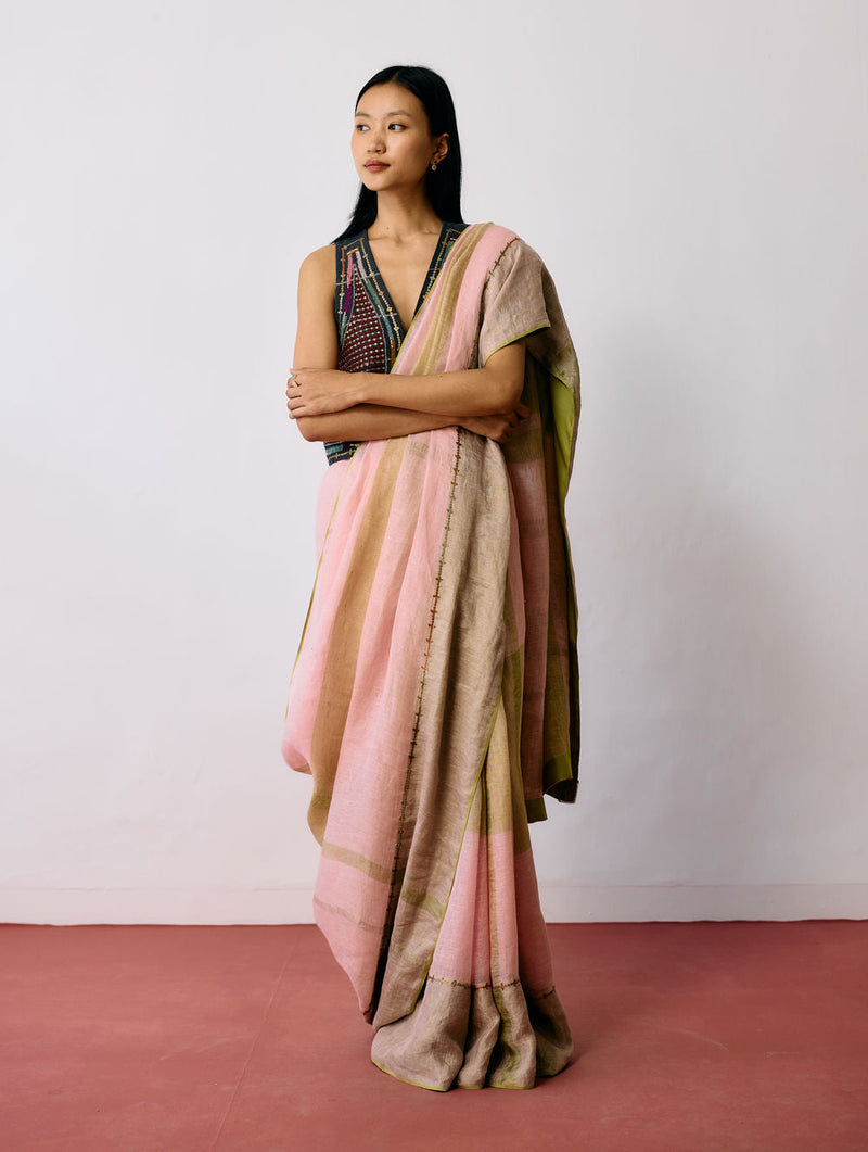 Afra Metallic Handloom Linen Saree-Metallic Pink linen saree by Manan in pink for women in Singapore