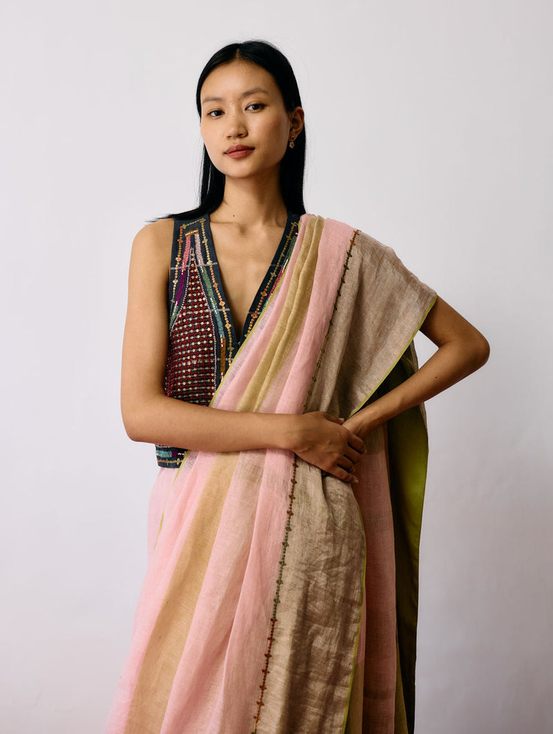 Afra Metallic Handloom Linen Saree-Metallic Pink linen saree by Manan in pink for women in Singapore