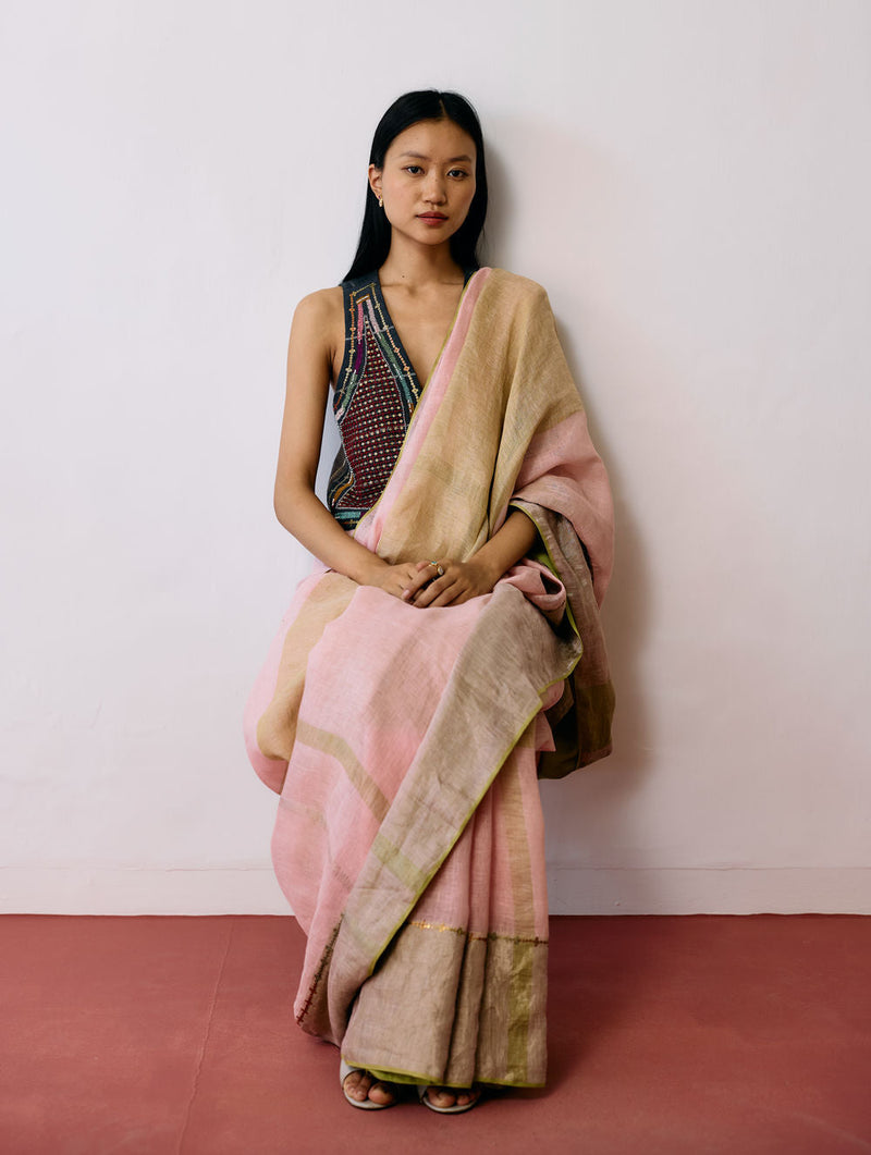 Afra Metallic Handloom Linen Saree-Metallic Pink linen saree by Manan in pink for women in Singapore