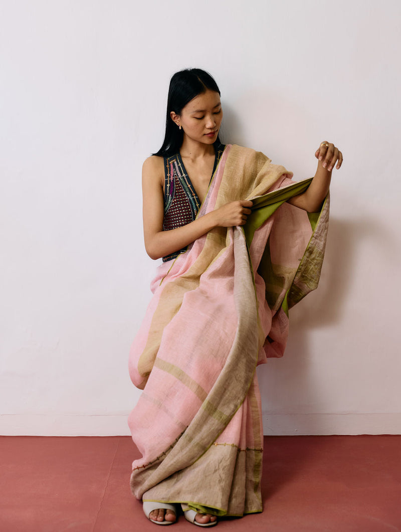 Afra Metallic Handloom Linen Saree-Metallic Pink linen saree by Manan in pink for women in Singapore