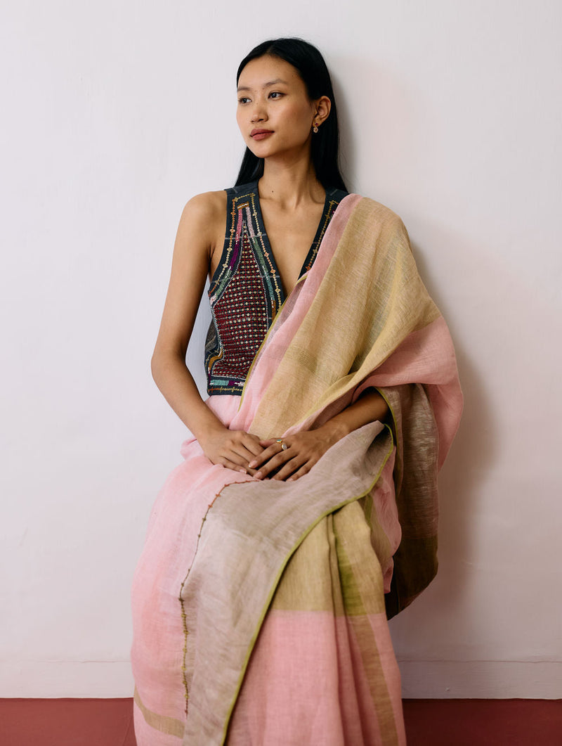 Afra Metallic Handloom Linen Saree-Metallic Pink linen saree by Manan in pink for women in Singapore