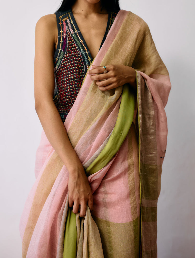 Afra Metallic Handloom Linen Saree-Metallic Pink linen saree by Manan in pink for women in Singapore