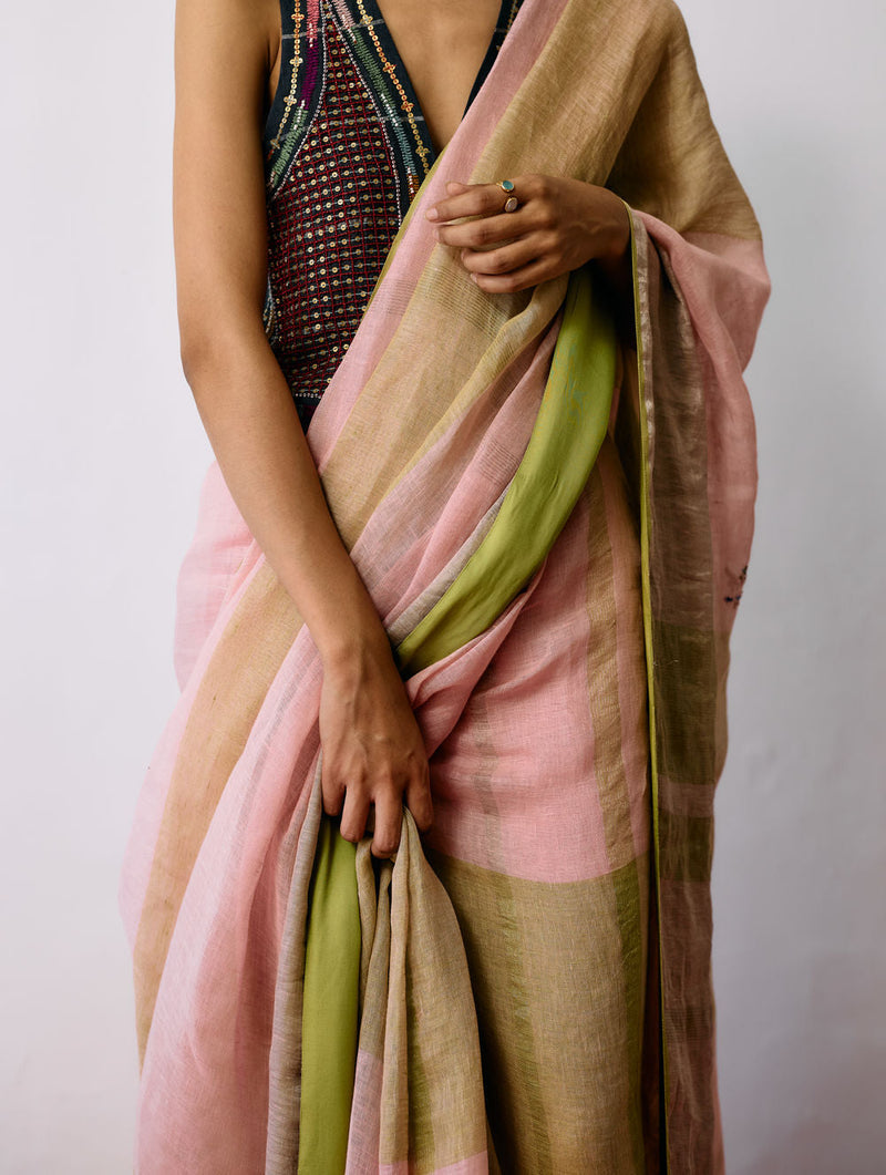 Afra Metallic Handloom Linen Saree-Metallic Pink linen saree by Manan in pink for women in Singapore