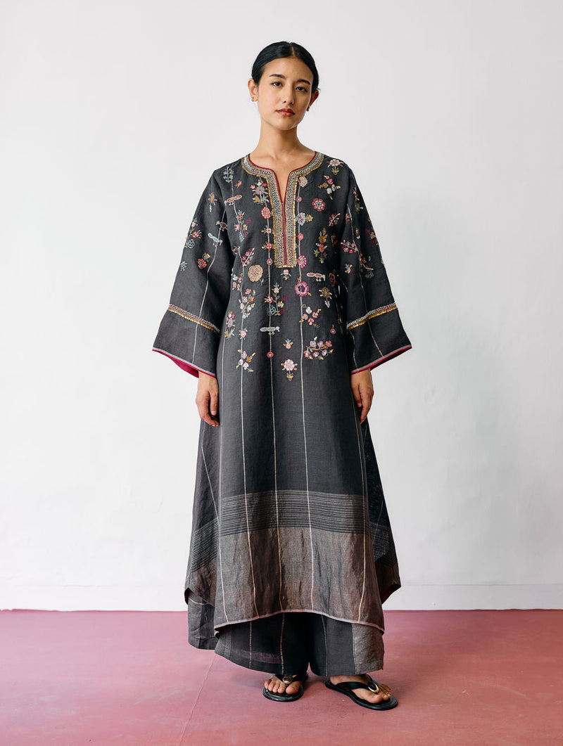 Ura Hand-Embroidered Metallic Linen Kurta-Charcoal linen kurta/kurta set by Manan in black for women in Singapore