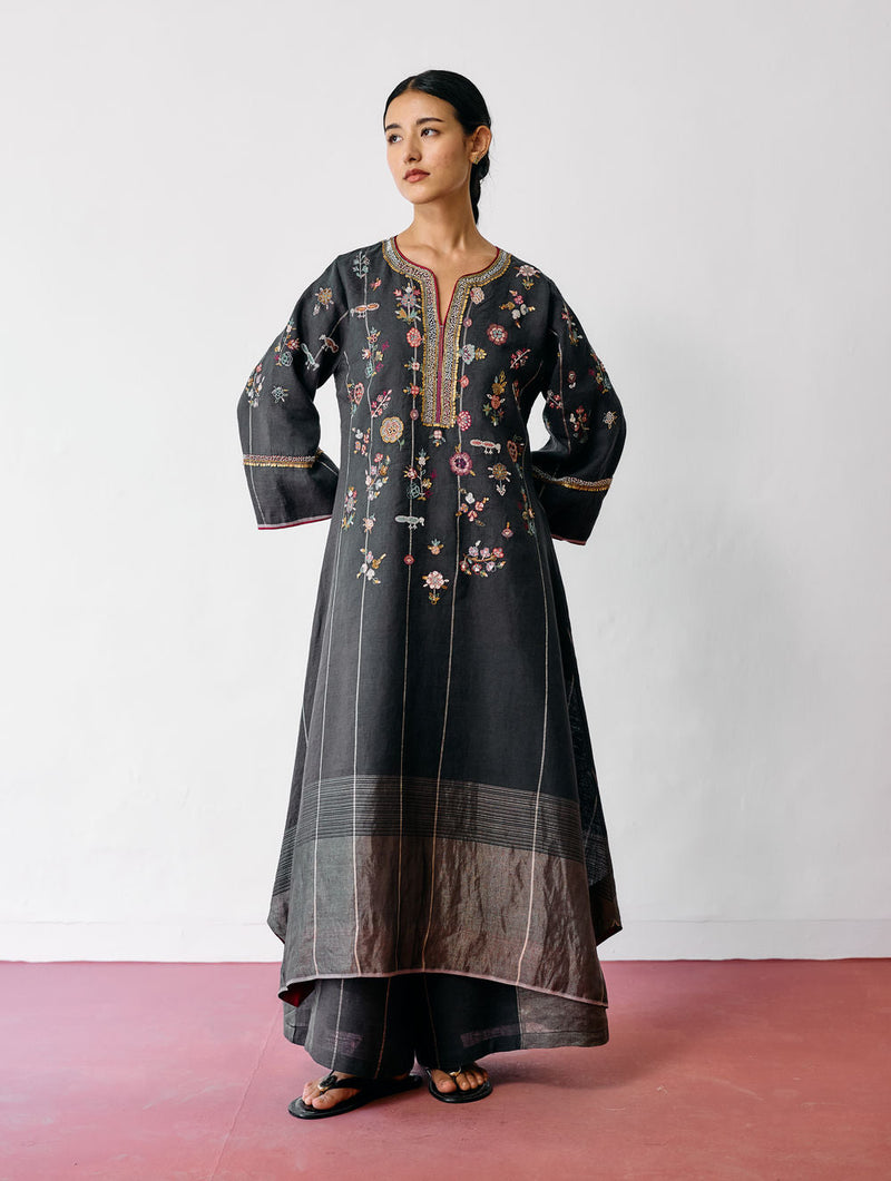 Ura Hand-Embroidered Metallic Linen Kurta-Charcoal linen kurta/kurta set by Manan in black for women in Singapore