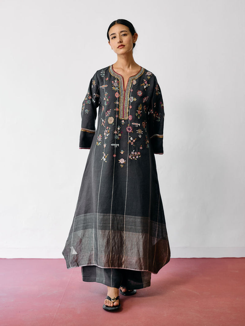 Ura Hand-Embroidered Metallic Linen Kurta Set-Charcoal linen kurta/kurta set by Manan in black for women in Singapore