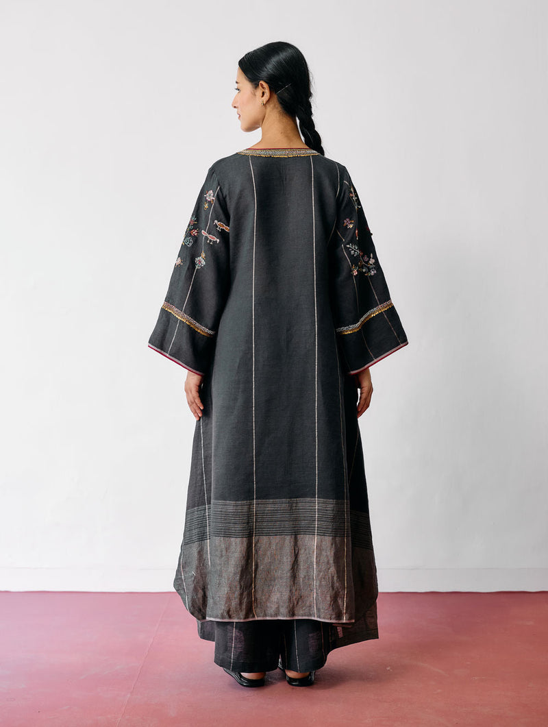 Ura Hand-Embroidered Metallic Linen Kurta Set-Charcoal linen kurta/kurta set by Manan in black for women in Singapore