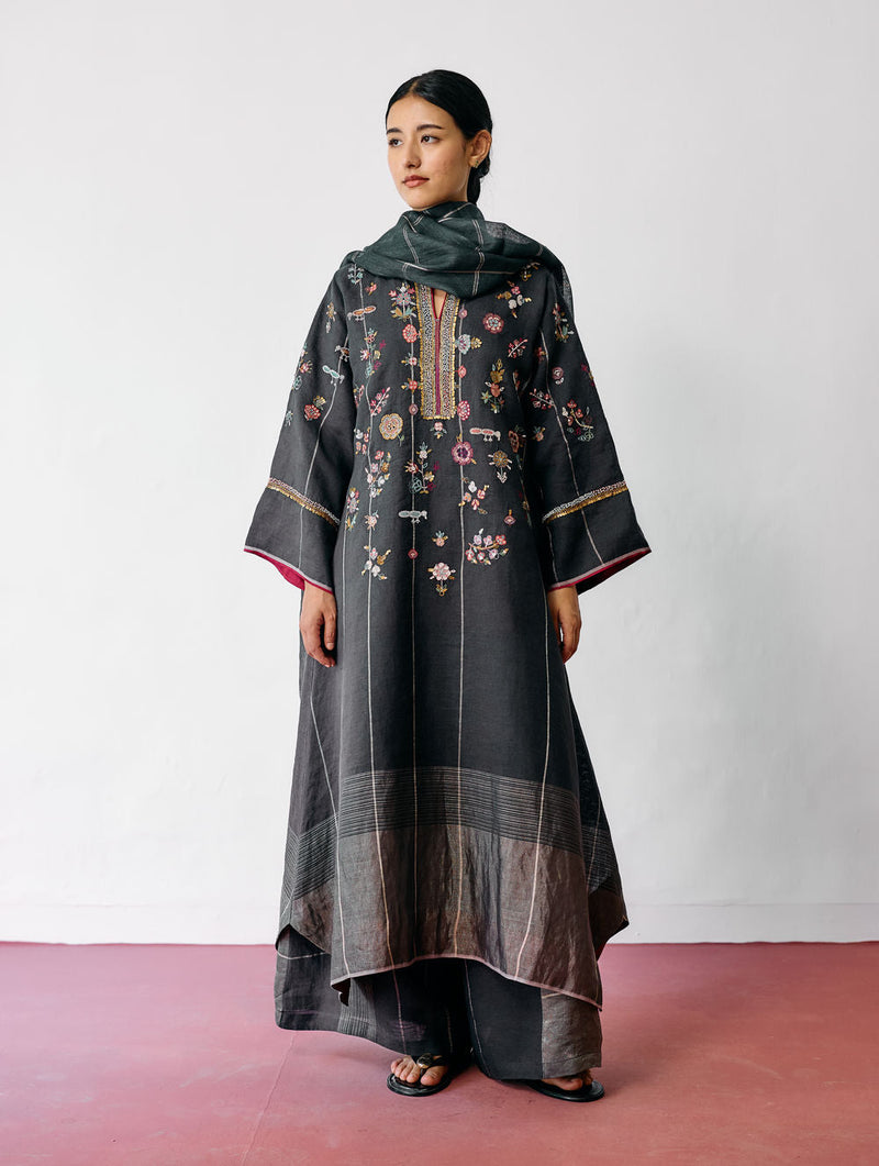 Ura Hand-Embroidered Metallic Linen Kurta Set-Charcoal linen kurta/kurta set by Manan in black for women in Singapore