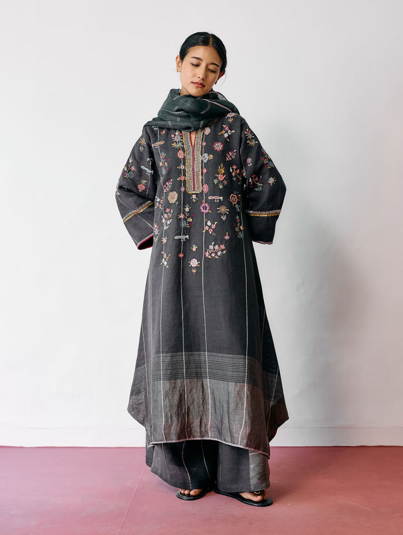 Ura Hand-Embroidered Metallic Linen Kurta Set-Charcoal linen kurta/kurta set by Manan in black for women in Singapore