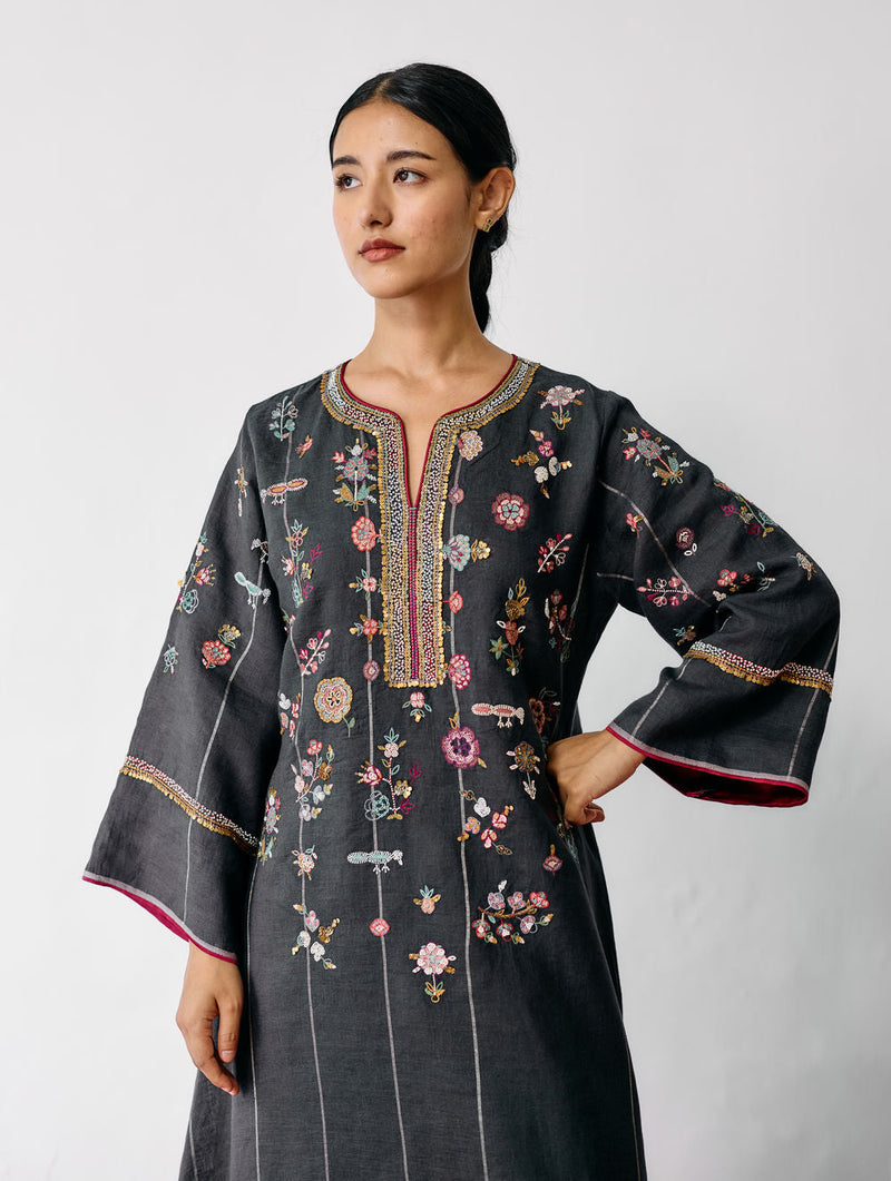 Ura Hand-Embroidered Metallic Linen Kurta-Charcoal linen kurta/kurta set by Manan in black for women in Singapore