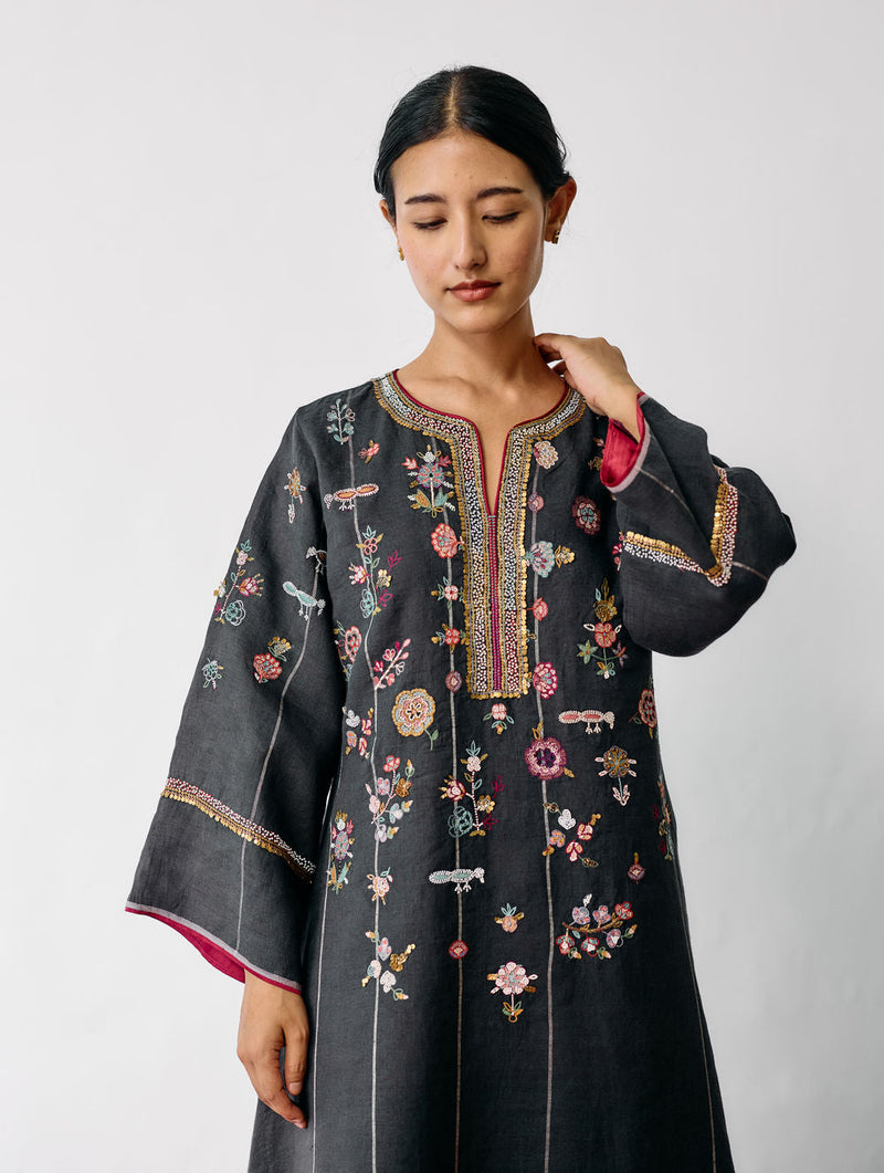 Ura Hand-Embroidered Metallic Linen Kurta Set-Charcoal linen kurta/kurta set by Manan in black for women in Singapore