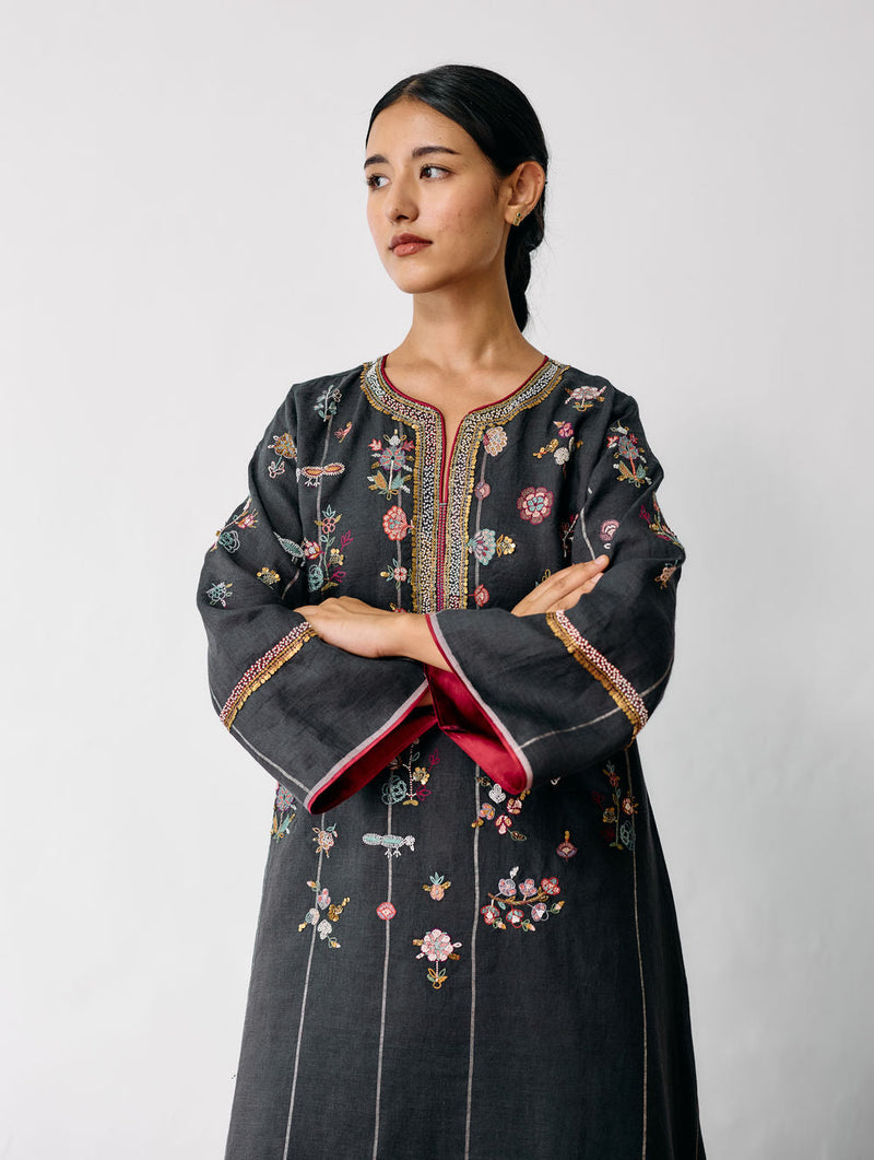 Ura Hand-Embroidered Metallic Linen Kurta-Charcoal linen kurta/kurta set by Manan in black for women in Singapore