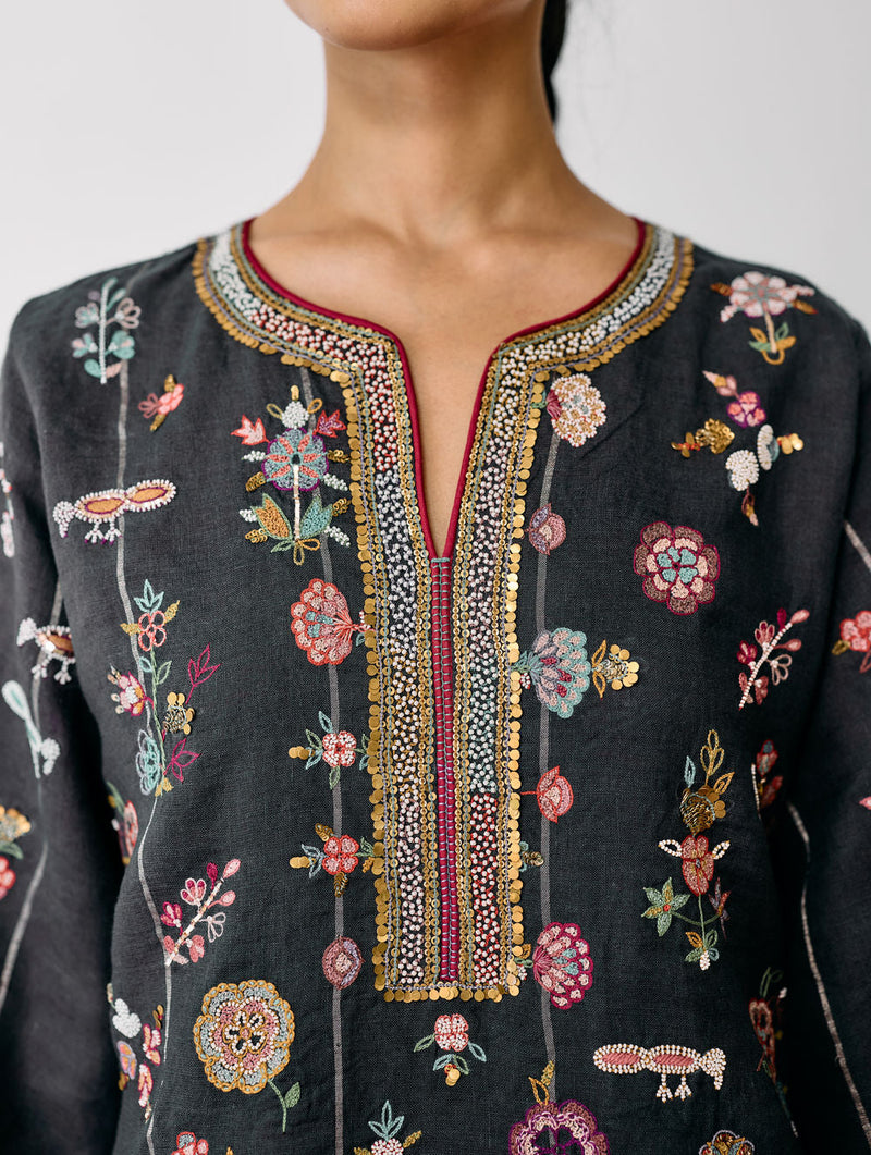 Ura Hand-Embroidered Metallic Linen Kurta Set-Charcoal linen kurta/kurta set by Manan in black for women in Singapore