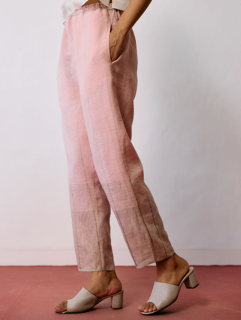 Nila Tapered Metallic Linen Pants-Pink linen pant/trousers by Manan in pink for women in Singapore