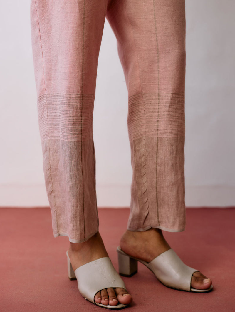 Nila Tapered Metallic Linen Pants-Pink linen pant/trousers by Manan in pink for women in Singapore