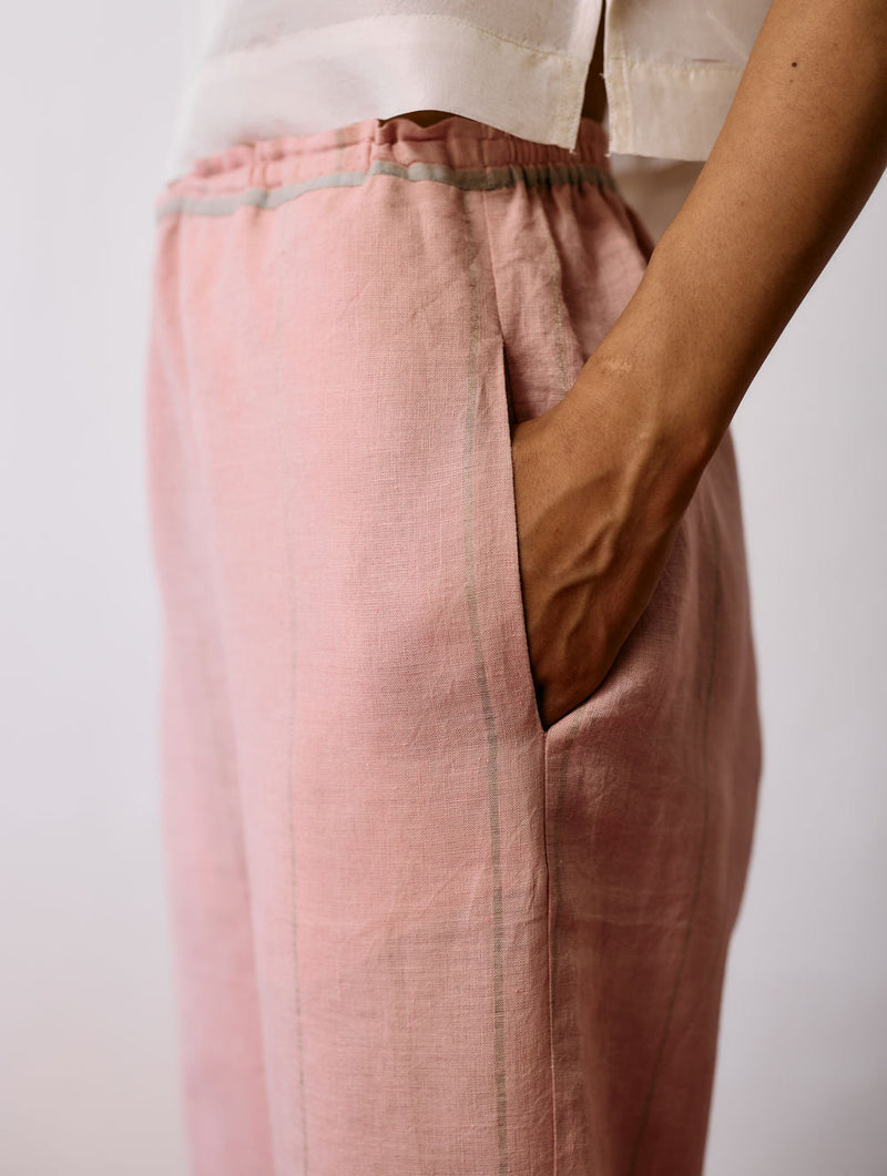 Nila Tapered Metallic Linen Pants-Pink linen pant/trousers by Manan in pink for women in Singapore
