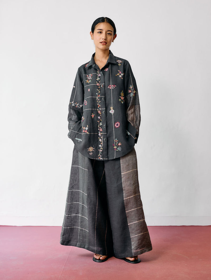 Mansa Floral Hand-Embroidered Co-ord-Charcoal linen co-ord set by Manan in black for women in Singapore