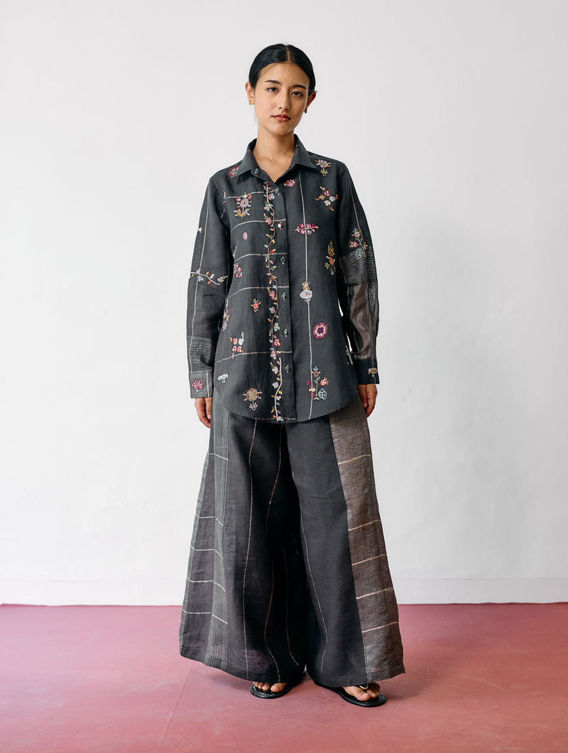 Mansa Floral Hand-Embroidered Co-ord-Charcoal linen co-ord set by Manan in black for women in Singapore
