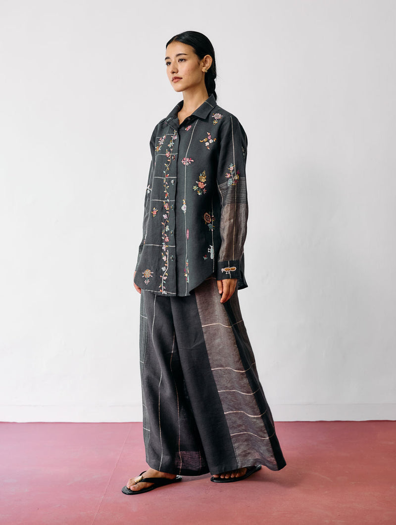 Mansa Floral Hand-Embroidered Co-ord-Charcoal linen co-ord set by Manan in black for women in Singapore