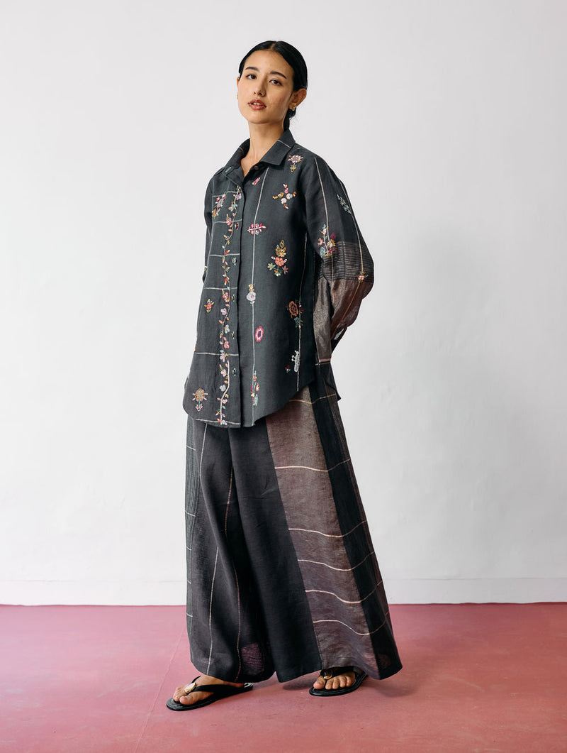 Mansa Floral Hand-Embroidered Co-ord-Charcoal linen co-ord set by Manan in black for women in Singapore