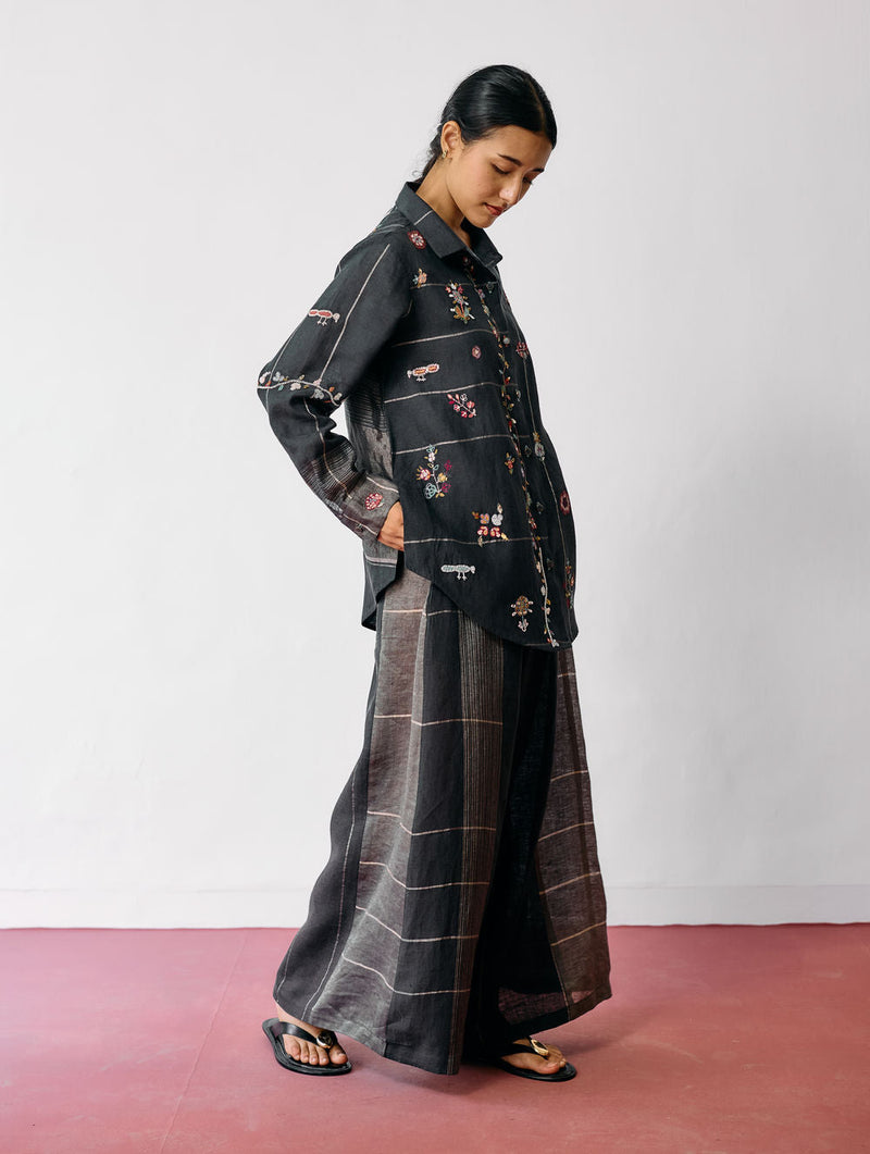 Mansa Floral Hand-Embroidered Co-ord-Charcoal linen co-ord set by Manan in black for women in Singapore