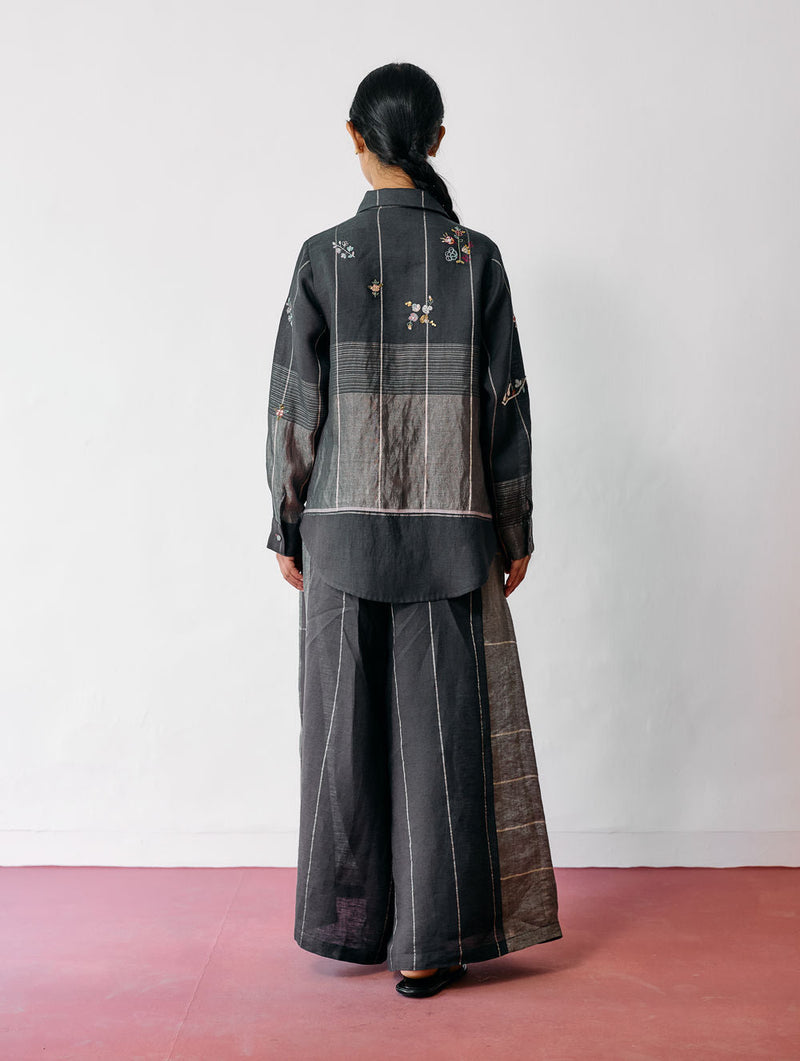 Mansa Floral Hand-Embroidered Shirt-Charcoal linen top/shirt by Manan in black for women in Singapore