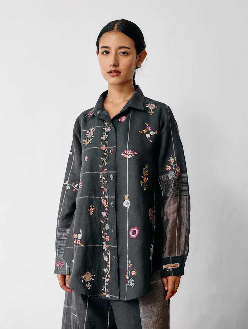 Mansa Floral Hand-Embroidered Shirt-Charcoal linen top/shirt by Manan in black for women in Singapore