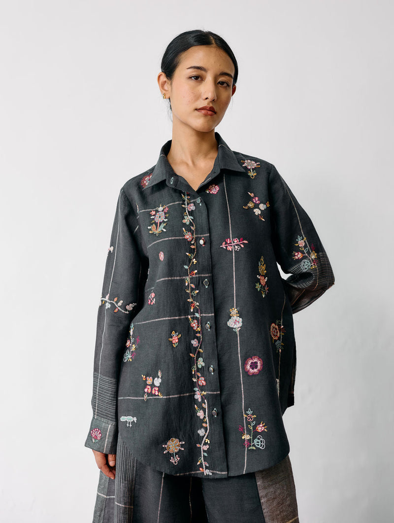 Mansa Floral Hand-Embroidered Shirt-Charcoal linen top/shirt by Manan in black for women in Singapore