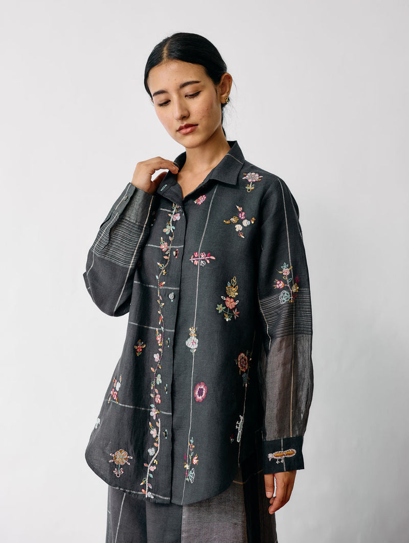 Mansa Floral Hand-Embroidered Shirt-Charcoal linen top/shirt by Manan in black for women in Singapore
