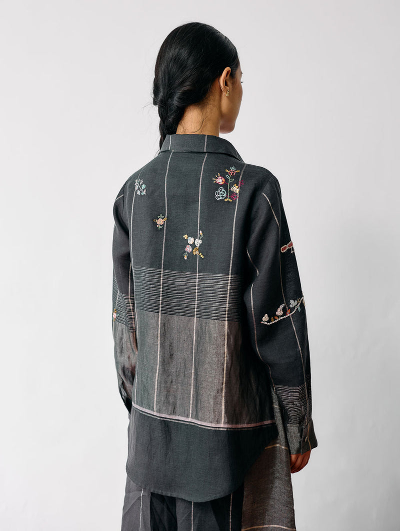Mansa Floral Hand-Embroidered Shirt-Charcoal linen top/shirt by Manan in black for women in Singapore