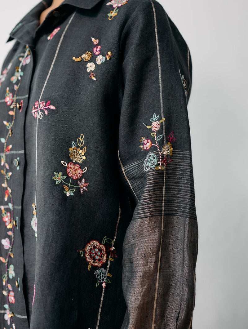 Mansa Floral Hand-Embroidered Shirt-Charcoal linen top/shirt by Manan in black for women in Singapore