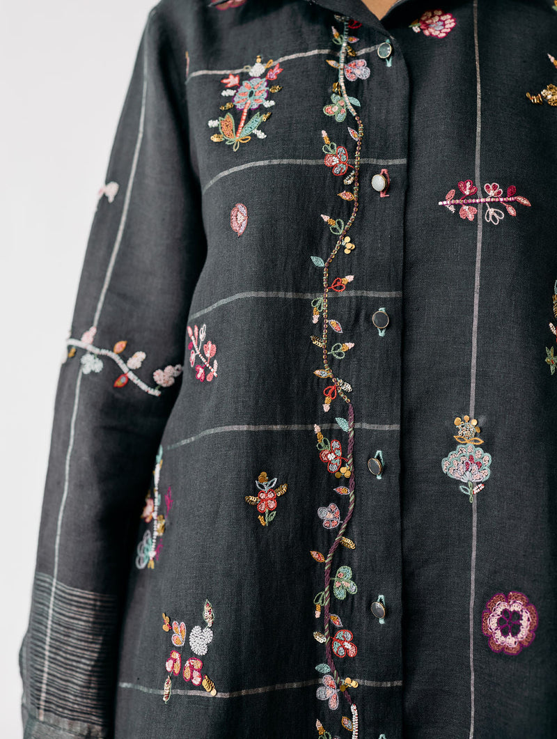 Mansa Floral Hand-Embroidered Shirt-Charcoal linen top/shirt by Manan in black for women in Singapore