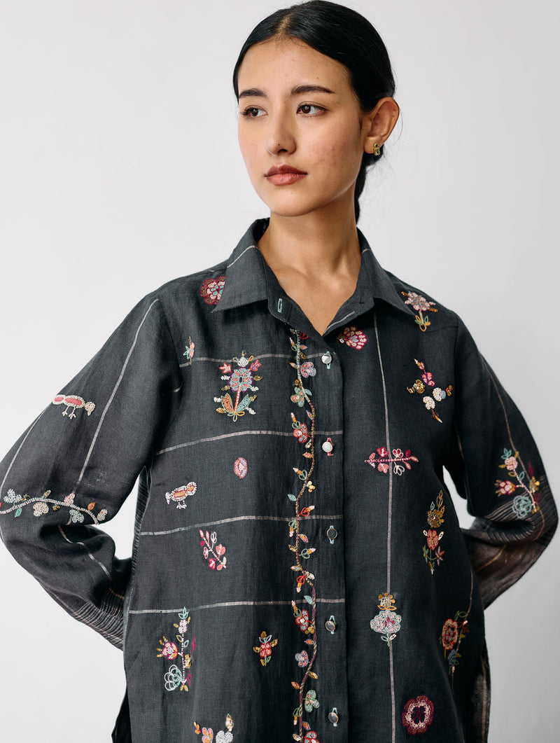 Mansa Floral Hand-Embroidered Shirt-Charcoal linen top/shirt by Manan in black for women in Singapore