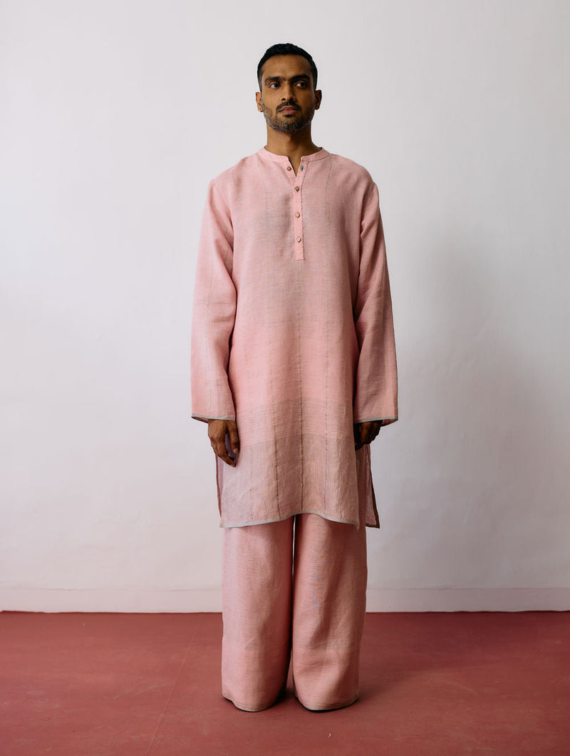 Jawahar Metallic Linen Kurta Set-Pink linen kurta/kurta set by Manan Men in pink for men in Singapore