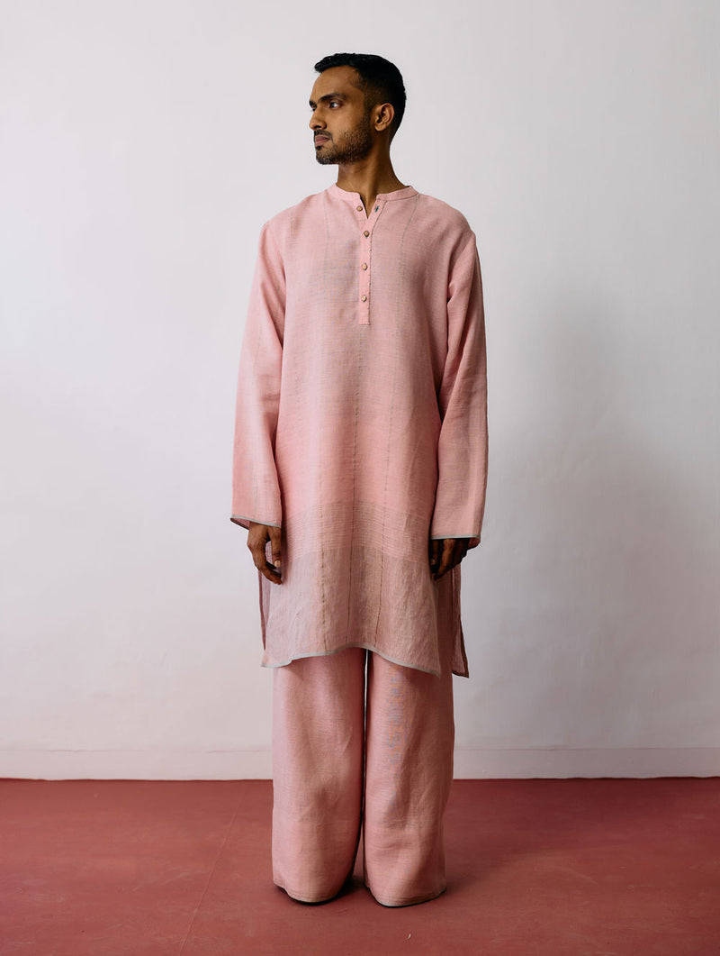 Jawahar Metallic Linen Kurta Set-Pink linen kurta/kurta set by Manan Men in pink for men in Singapore