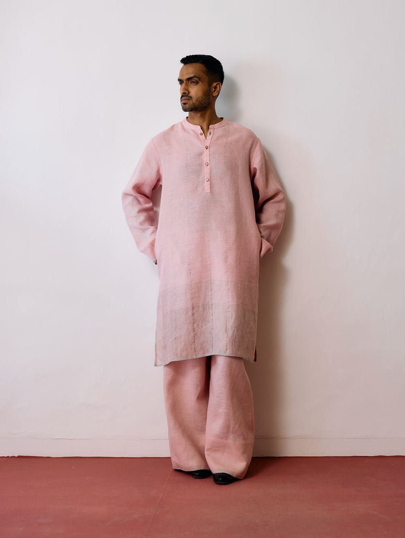 Jawahar Metallic Linen Kurta Set-Pink linen kurta/kurta set by Manan Men in pink for men in Singapore