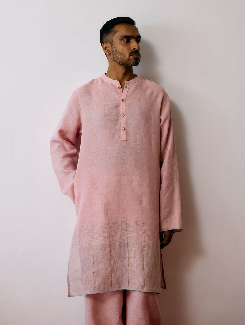 Jawahar Metallic Linen Kurta Set-Pink linen kurta/kurta set by Manan Men in pink for men in Singapore