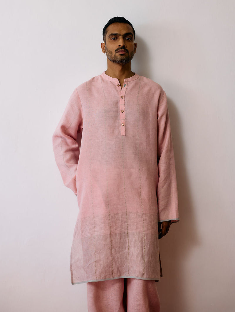 Jawahar Metallic Linen Kurta Set-Pink linen kurta/kurta set by Manan Men in pink for men in Singapore