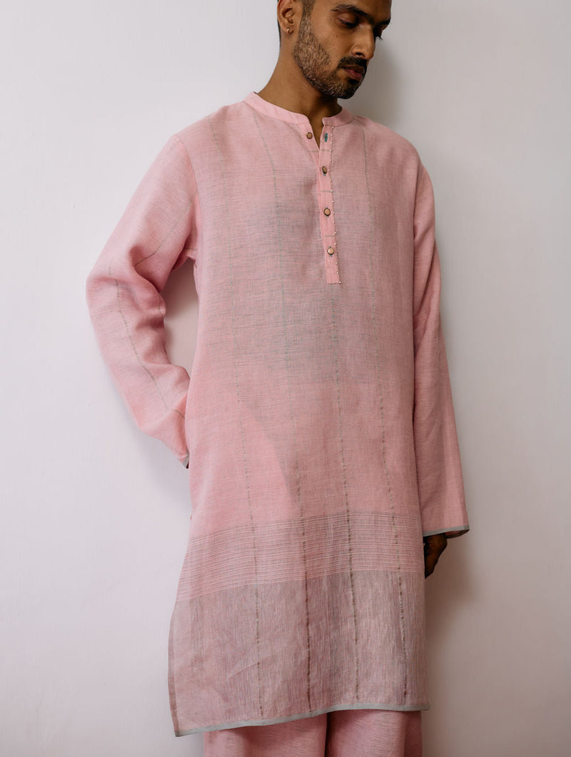 Jawahar Metallic Linen Kurta Set-Pink linen kurta/kurta set by Manan Men in pink for men in Singapore