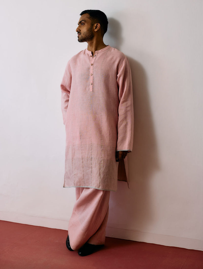 Jawahar Metallic Linen Kurta Set-Pink linen kurta/kurta set by Manan Men in pink for men in Singapore