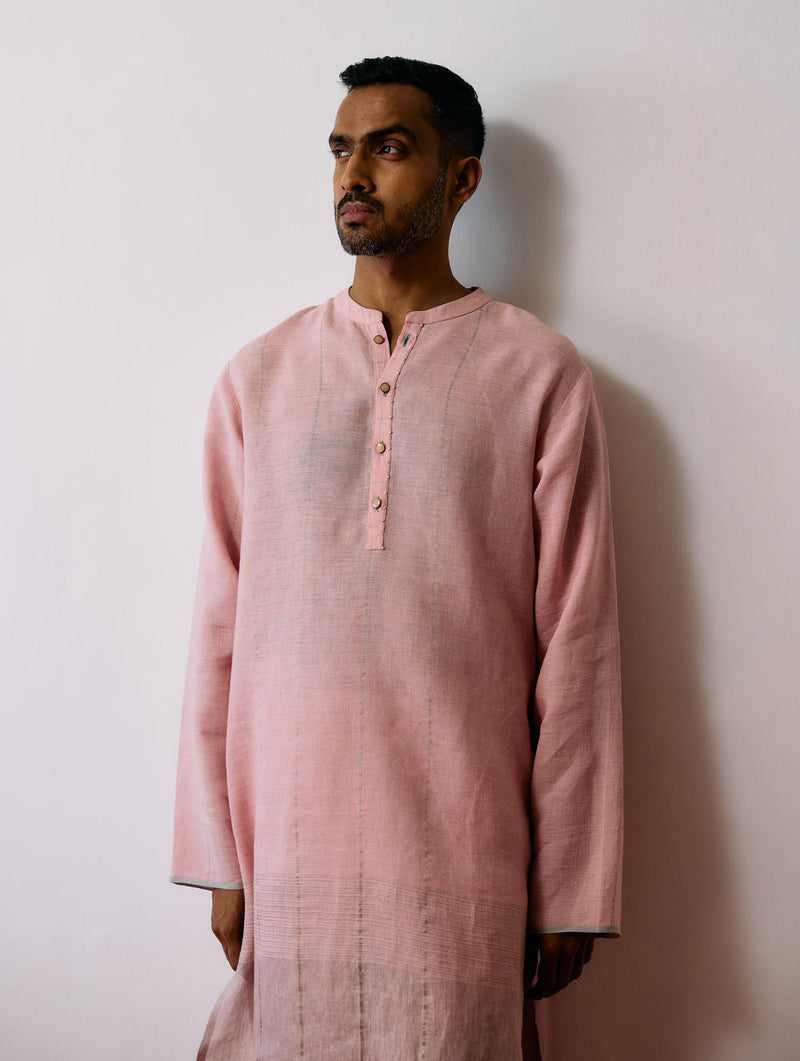 Jawahar Metallic Linen Kurta Set-Pink linen kurta/kurta set by Manan Men in pink for men in Singapore