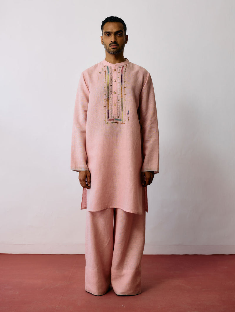 Keta Hand-Embroidered Linen Kurta-Pink linen kurta/kurta set by Manan Men in pink for men in Singapore