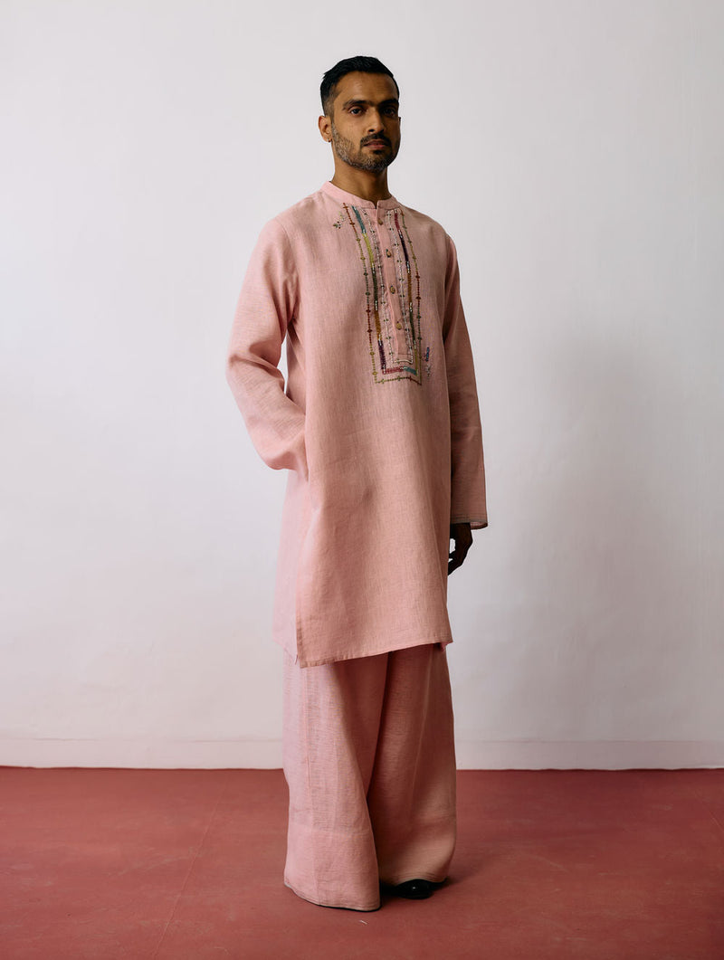 Keta Hand-Embroidered Linen Kurta-Pink linen kurta/kurta set by Manan Men in pink for men in Singapore
