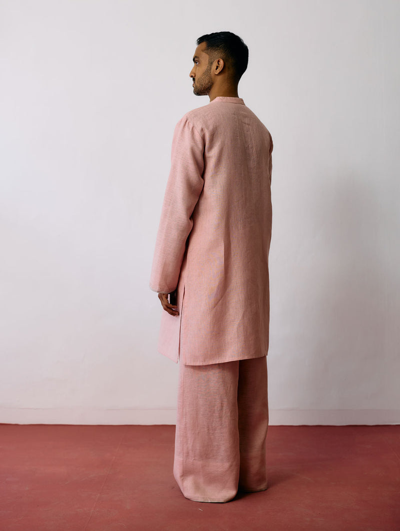 Keta Hand-Embroidered Linen Kurta Set-Pink linen kurta/kurta set by Manan Men in pink for men in Singapore