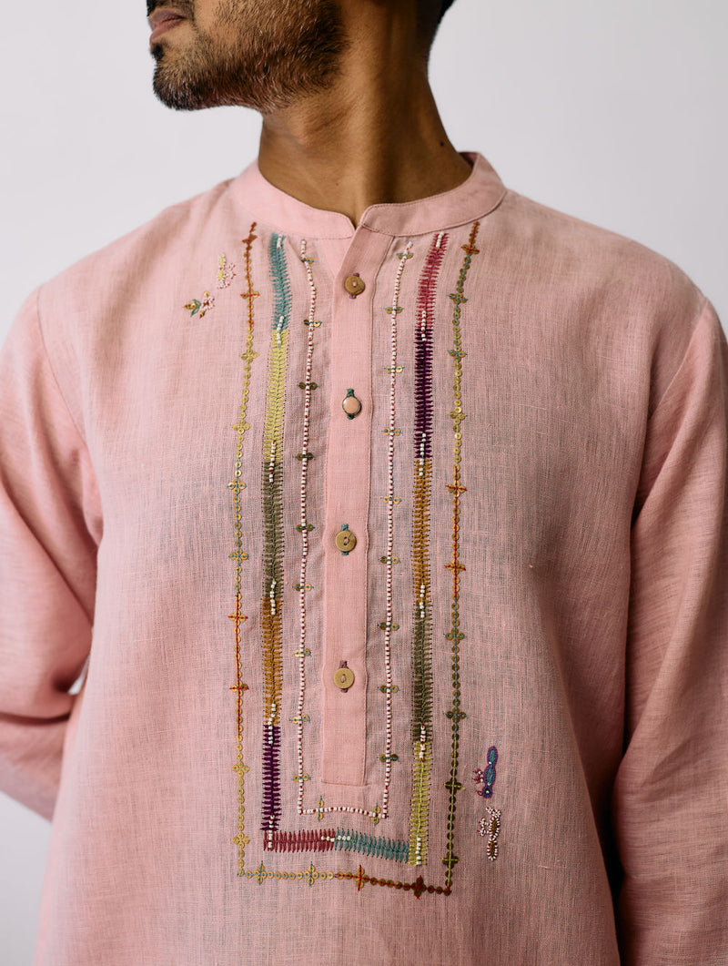 Keta Hand-Embroidered Linen Kurta-Pink linen kurta/kurta set by Manan Men in pink for men in Singapore