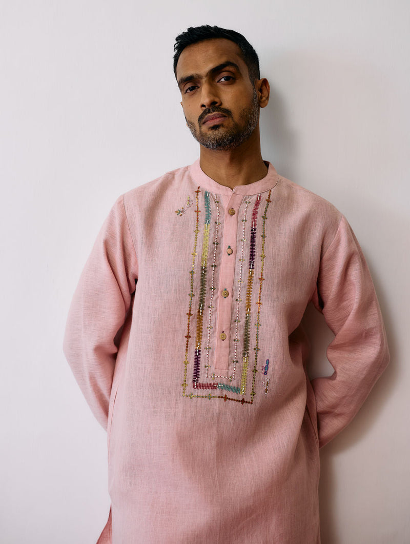 Keta Hand-Embroidered Linen Kurta-Pink linen kurta/kurta set by Manan Men in pink for men in Singapore