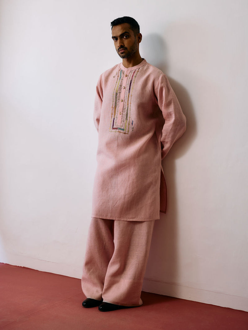 Keta Hand-Embroidered Linen Kurta-Pink linen kurta/kurta set by Manan Men in pink for men in Singapore